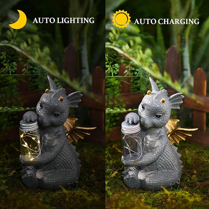 DiliComing Solar Dragon Garden Statues - Cute Dragon Baby Holding a Solar Jar, Outdoor Lawn Décor for Garden Yard, Balcony and Home, for Women