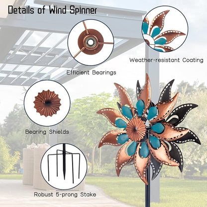VEWOGARDEN Metal Wind Spinners Outdoor Kinetic Flower Wind Spinner for Outdoor Garden Lawn Patio Decorations, Antique Bronze & Blue
