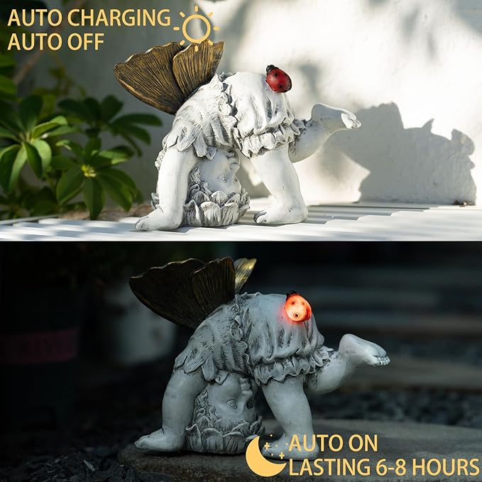 Suyorpe Fairies for Fairy Garden Solar Decor - Fairy Figurines Resin Outdoor Statues Ornaments with Light up Ladybug for Patio,Lawn,Yard,Porch,Outside Angel Gifts