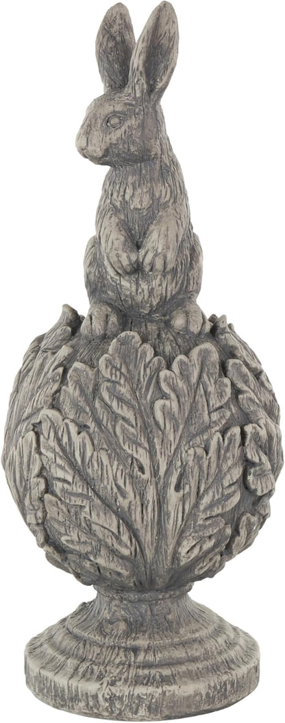 Deco 79 Polystone Rabbit Textured Sculpture with Leaf Covered Round Base, 8" x 8" x 20", Gray