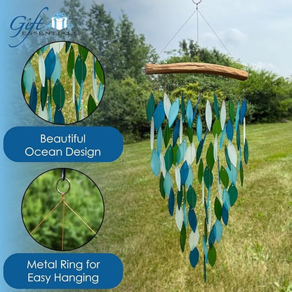 Blue Handworks Deluxe Ocean Waterfall & Driftwood Chime, Sandblasted Glass and Found Wood Handcrafted Wind Chime