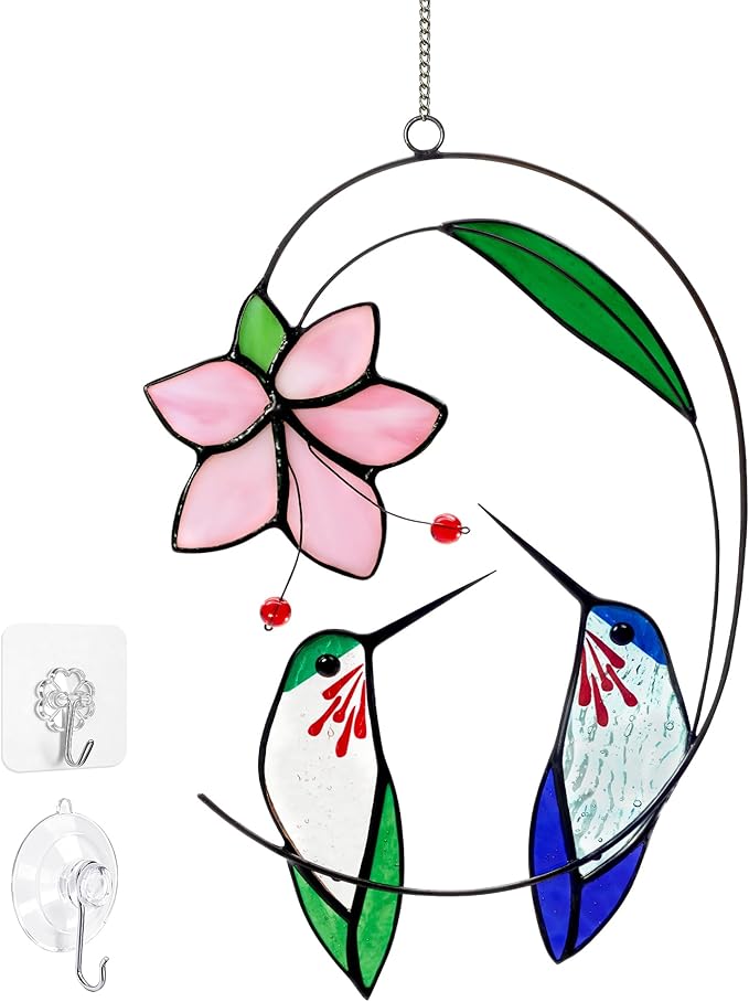 Handmade Real Stained Glass Hummingbird Suncatcher - 8 Inch Two Hummingbirds on Branch with Flowers, Tiffany Copper Foil Window Hanging, Bird Safe Gift for Mom Grandma, Bird Lovers Home Decor