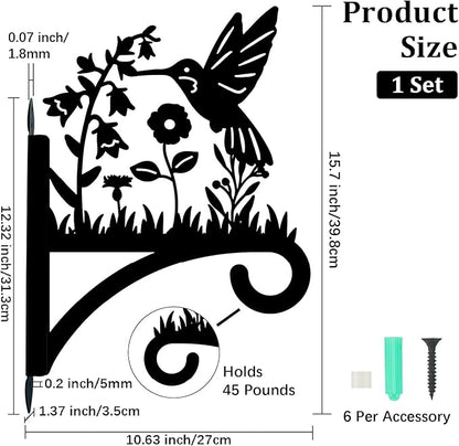 Hummingbird Plant Hanger Hooks Iron Plant Brackets 10.6 x 14.1 Inch Black Flowers Bird Silhouette Indoor Outdoor Decorative Basket Wall Mounted Hanging Bracket for Garden Wind Chime Lantern