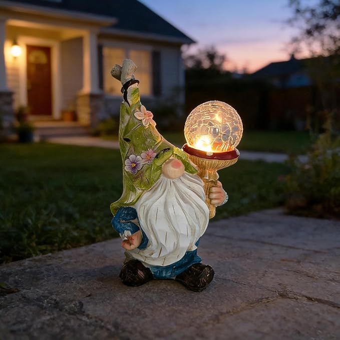 Garden Gnome Solar Light Statue - Outdoor Decorative Figurine with Crackle Glass Globe, Blue & White Floral Design, Waterproof LED Yard Art for Patio, Lawn, Garden, Porch
