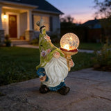 Garden Gnome Solar Light Statue - Outdoor Decorative Figurine with Crackle Glass Globe, Blue & White Floral Design, Waterproof LED Yard Art for Patio, Lawn, Garden, Porch