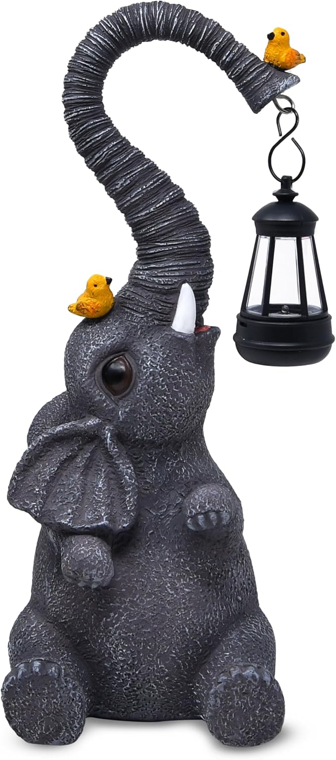 Gift Boutique Garden Decor Elephant Statues with Lantern Light Outdoor Elephant Figurine Yard Lawn Patio Decorations Resin Animal Sculpture with LED Hanging Lamp