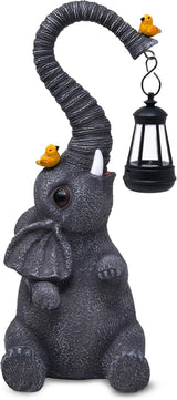 Gift Boutique Garden Decor Elephant Statues with Lantern Light Outdoor Elephant Figurine Yard Lawn Patio Decorations Resin Animal Sculpture with LED Hanging Lamp