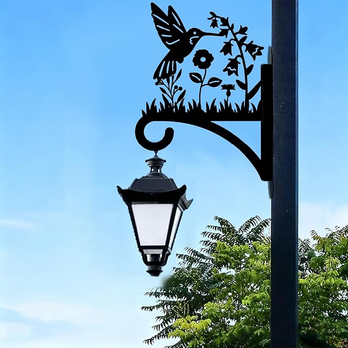 Hummingbird Plant Hanger Hooks Iron Plant Brackets 10.6 x 14.1 Inch Black Flowers Bird Silhouette Indoor Outdoor Decorative Basket Wall Mounted Hanging Bracket for Garden Wind Chime Lantern