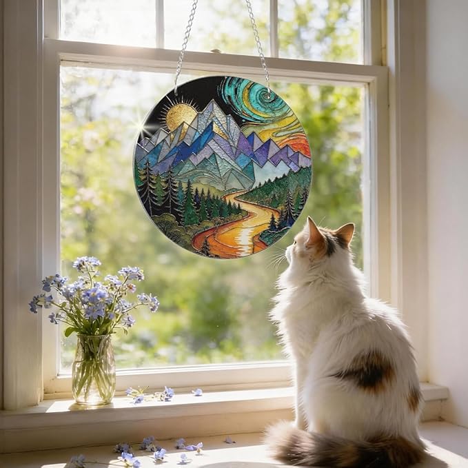 Sun Mountains Acrylic Window Hanging, Boho Wall Art Decor, Home Decor for Room, Hand Painted Round Acrylic Sun Catcher with Chain, Housewarming Gift, Women Gift for Friends Family