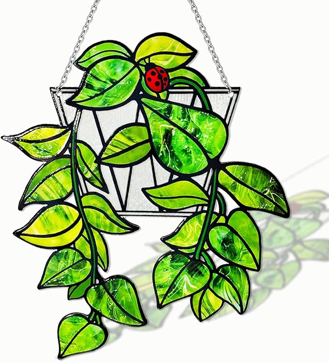 Stained Glass Suncatchers for Windows, 9 in Hanging Sun Catchers Indoor Window, Hanging Plant Decor for Home Indoor Outdoor, Plant Lover Gifts (UV Printed)