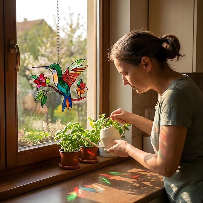 Floral Hummingbird Handmade Resin Suncatchers, Artisan Sun Catcher Stained Glass Effect Window Hummingbird Ornaments Window Hanging Garden Decor, Gifts for Mother's Day, Mom, Grandma, Wife, Women