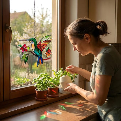 Floral Hummingbird Handmade Resin Suncatchers, Artisan Sun Catcher Stained Glass Effect Window Hummingbird Ornaments Window Hanging Garden Decor, Gifts for Mother's Day, Mom, Grandma, Wife, Women
