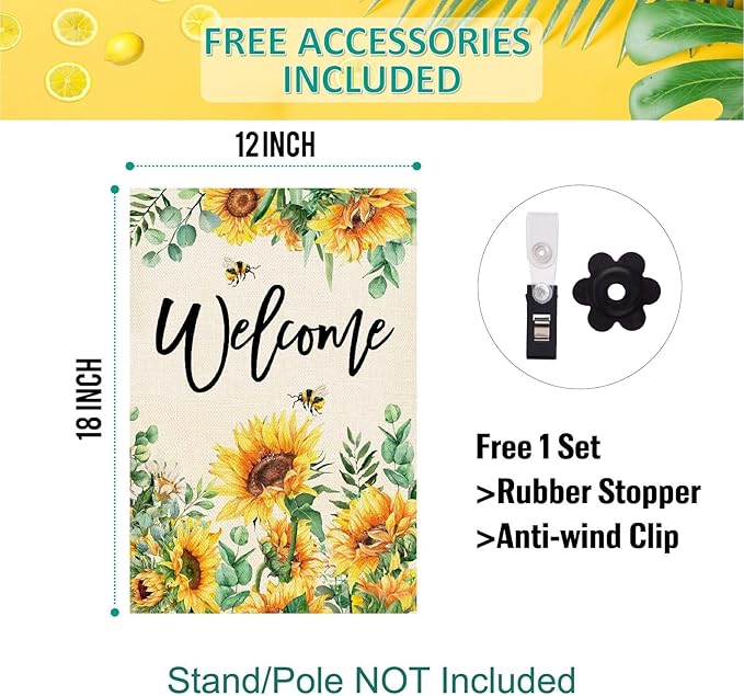 Baccessor Spring Garden Flag Sunflower Bee Eucalyptus Leaves Welcome Flag 12.5 x 18 Inch Double Sided Burlap Yard Small Spring Summer Flag for Outside Decor