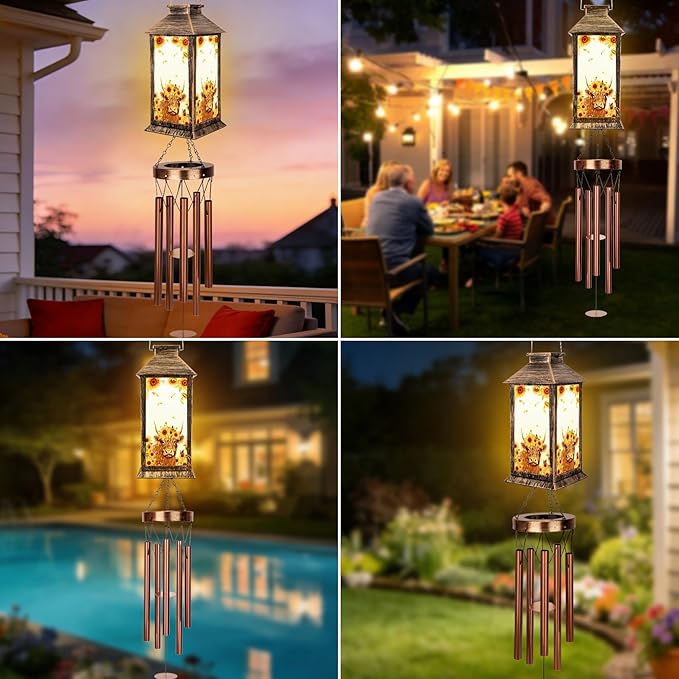 YHmall Highland Cow Wind Chimes for Outside, 37" Windchimes Outdoor Memorial Gifts for Women Mom Grandma, Hanging Solar Lantern Wind Chimes for Patio Garden Outdoor Decor