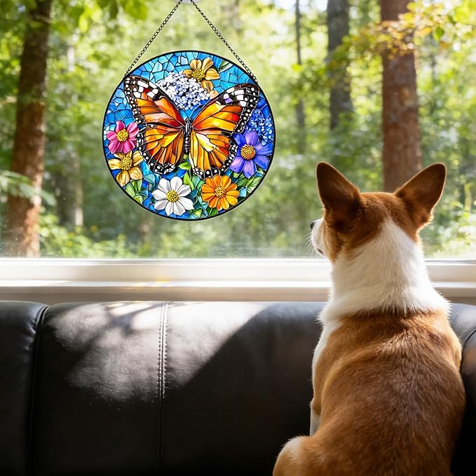 Butterfly Stained Glass Window Hanging Suncatchers, Flower Sun Catchers Indoor Window Glass Wall Art Decor,Birthday Gifts for Women 7.87"