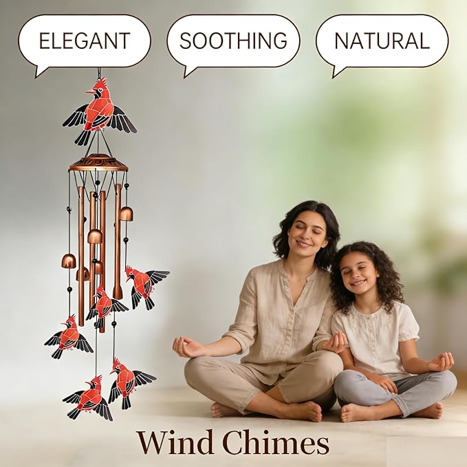 Cardinal Wind Chimes for Outside, Metal Bird Wind Chime with Aluminum Tubes, Garden & Porch Outdoor Decor, Red Cardinal Yard Decoration Gift