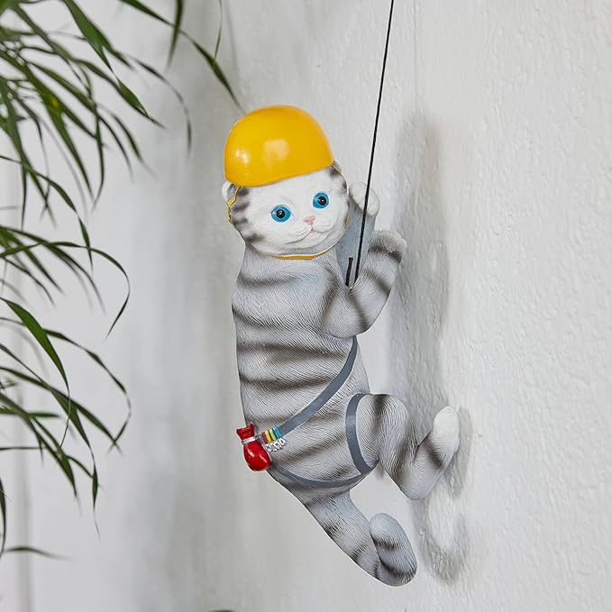 Climbing Cat Figurine Garden Wall & Tree Decor Statues, Animal Backyard Accessories, Hang on Wall, Yard Art Cat Gifts Figure Indoor and Outdoor Lawn Squirrel with Helmet Funny Decoration 12" Statue