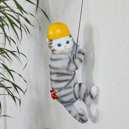 Climbing Cat Figurine Garden Wall & Tree Decor Statues, Animal Backyard Accessories, Hang on Wall, Yard Art Cat Gifts Figure Indoor and Outdoor Lawn Squirrel with Helmet Funny Decoration 12" Statue