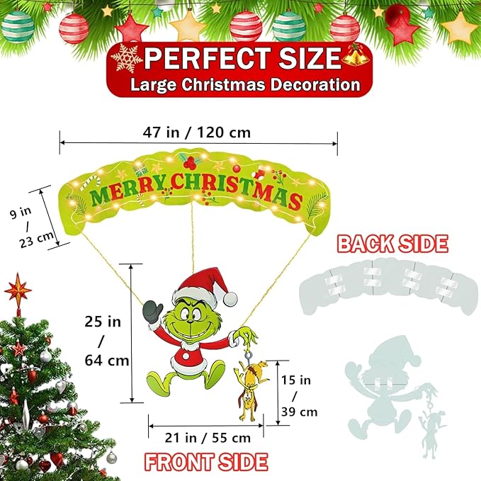 Outdoor Christmas Home Decorations, 7Pcs Lights Up Christmas Parachute Signs Decor, Cute Xmas Hanging Ornament with LED String Lights for Yard, Door, Christmas Tree Decoration