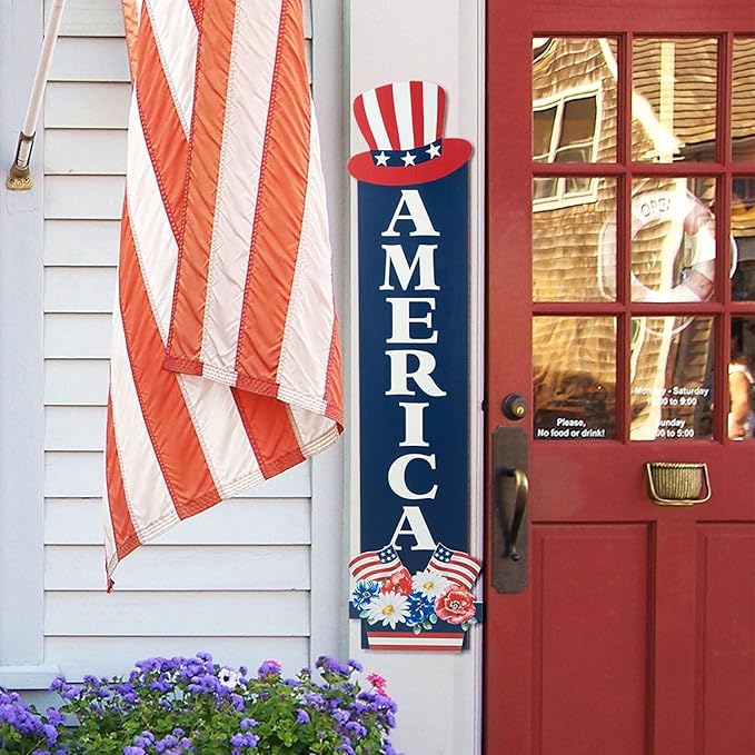 Glitzhome Patriotic 4th of July Independence Day Porch Sign Decor Memorial Day 42"H Americana Wooden "AMERICA" Porch Decor Hanging Sign Front Door Porch Standing Decorative Signs Plaques