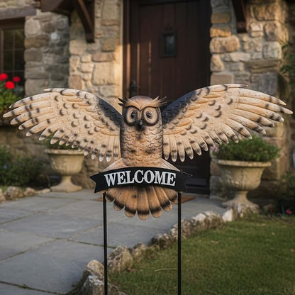 Decorative Garden Stakes Large Vintage Owl with Welcome Sign for Front Door 37.2W*35.2H, Metal Yard Art Oversized Rustic Lawn Ornaments Outdoor Decor for Mothers Day Garden Gifts