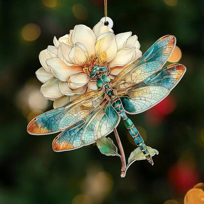 Dragonfly Ornament Stained Glass Style – Acrylic Window Hanging Suncatcher with Flower, Dragonfly Gifts for Women, Christmas Tree Ornament, Whimsical Home & Garden Décor(Sun-21)