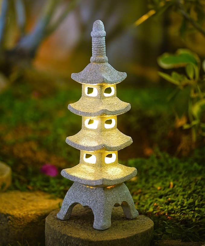 Nacome Solar Pagoda Garden Statues: 15.7 inches Multi-Layer Outdoor Waterproof Resin Zen Decor for Landscape Balcony Patio Porch Yard Ornament(Gray)