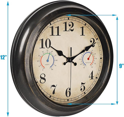 12 Inch Outdoor Clock with Thermometer and Hygrometer Combo, Waterproof Indoor Outdoor Wall Clocks for Patio, Pool,Garden Decor- Retro Bronze