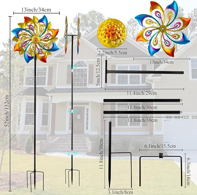 DREAMSOUL 13" Dia Wind Spinners Outdoor with Stake, Kinetic Wind Spinner Metal Windmill for Yard Garden Decor