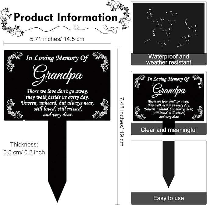Roowest Cemetery Grave Decorations Acrylic Memorial Stakes Grave Stake Markers Sympathy Garden Plaque Waterproof Remembrance Sympathy Gift for Cemetery Graveside Outdoors Yard(Grandpa)