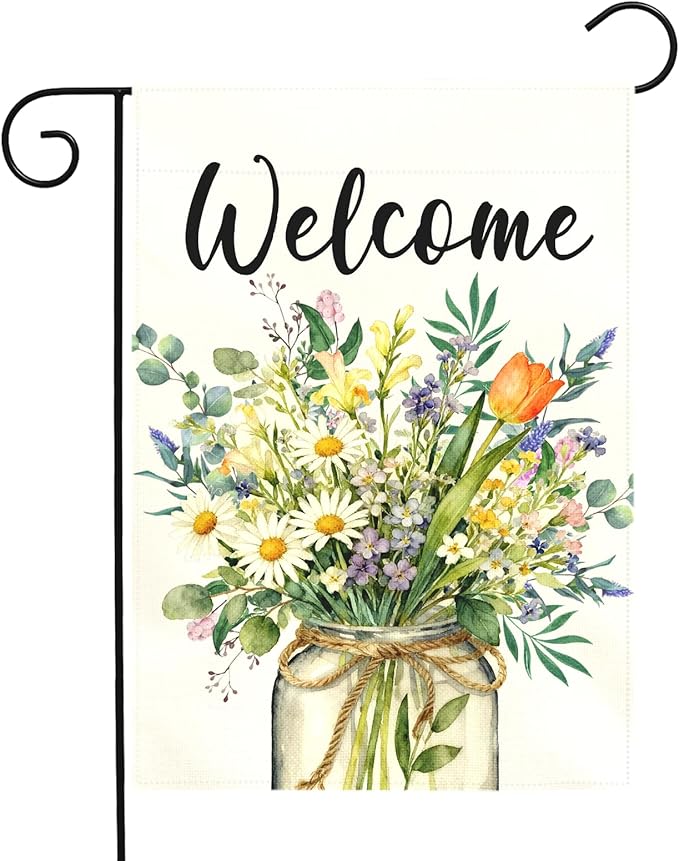 Spring Welcome Garden Flag Watercolor Wildflower Bouquet Mason Jar Floral Yard Flags Springtime Home Seasonal Bright Daisy Tulip Rustic Farmhouse House Banner Front Porch Outdoor 12×18 Inch
