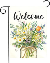 Spring Welcome Garden Flag Watercolor Wildflower Bouquet Mason Jar Floral Yard Flags Springtime Home Seasonal Bright Daisy Tulip Rustic Farmhouse House Banner Front Porch Outdoor 12×18 Inch
