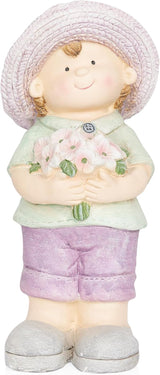 Alpine Corporation QWR1458 Outdoor Little Boy with Flowers Garden Statue, Playful Child Statue for Yard, 16" H, Purple
