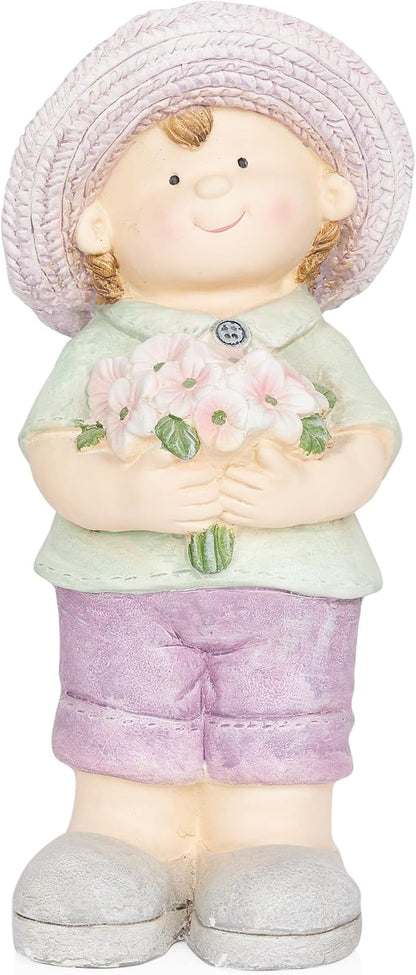 Alpine Corporation QWR1458 Outdoor Little Boy with Flowers Garden Statue, Playful Child Statue for Yard, 16" H, Purple