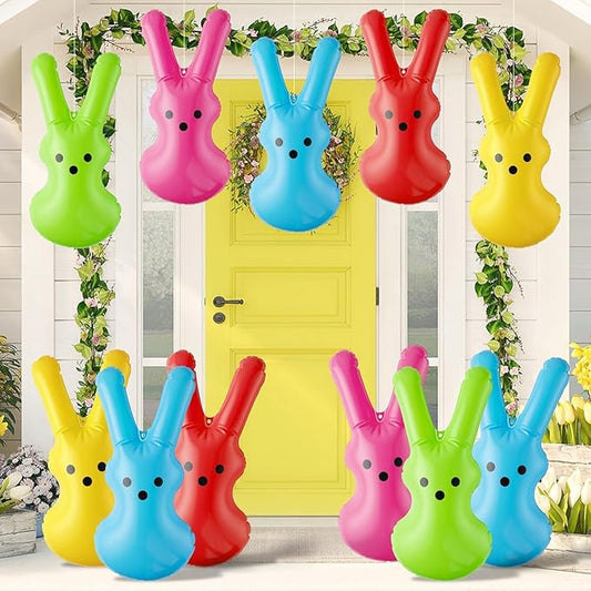 Haooryx Easter Inflatable Bunny Peeps Decoration - 15 Set Inflatable Cute Rabbit Ornament with Hanging Rope and Hooks Blow Up Easter Mini Bunny Toy for Easter Party Outdoor Garden Yard Lawn Door Decor