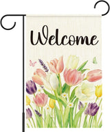 Spring Tulip Welcome Garden Flags for Outside,Welcome Spring Yard Flag for Lawn Porch Outdoor Spring Theme Decorations 12x18 Inch Double Sided