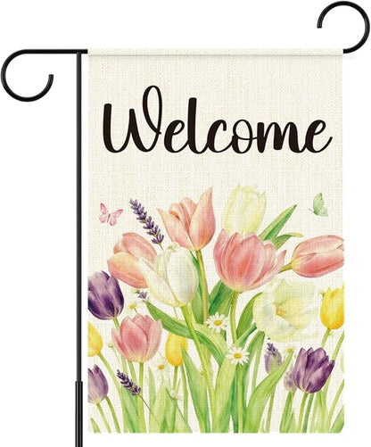 Spring Tulip Welcome Garden Flags for Outside,Welcome Spring Yard Flag for Lawn Porch Outdoor Spring Theme Decorations 12x18 Inch Double Sided