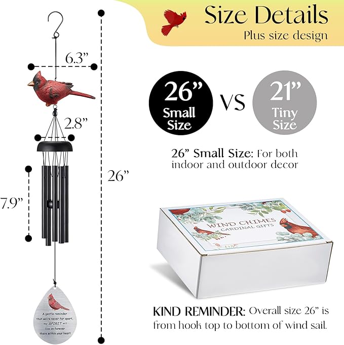 Memorial Wind Chimes for Outside,Cardinal Wind Chimes for Loss of Loved One,Sympathy Wind Chime,Memorial Gifts for Loss of Mother,Sympathy Gifts for Loss of Dad,Windchimes in Memory of a Loved One