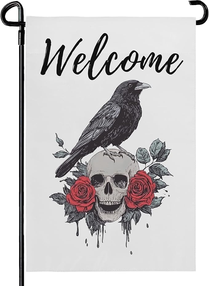 Halloween Welcome Garden Flag Skull Floral Rose Crow Double Sided Vertical Yard Flag Day Of The Dead Bird Rest Bird Floral House Flags 12 x 18 Inches Holiday Villa Outdoor Decorative