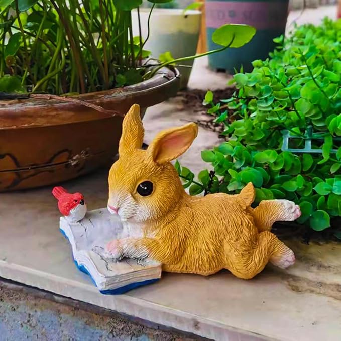 Cute Bunny Reading Book Statue Garden Decor, Resin Rabbit Figurine Sculpture Indoor Outdoor Easter Spring Decoration for Home Patio, Yard, Lawn, Porch Ornaments