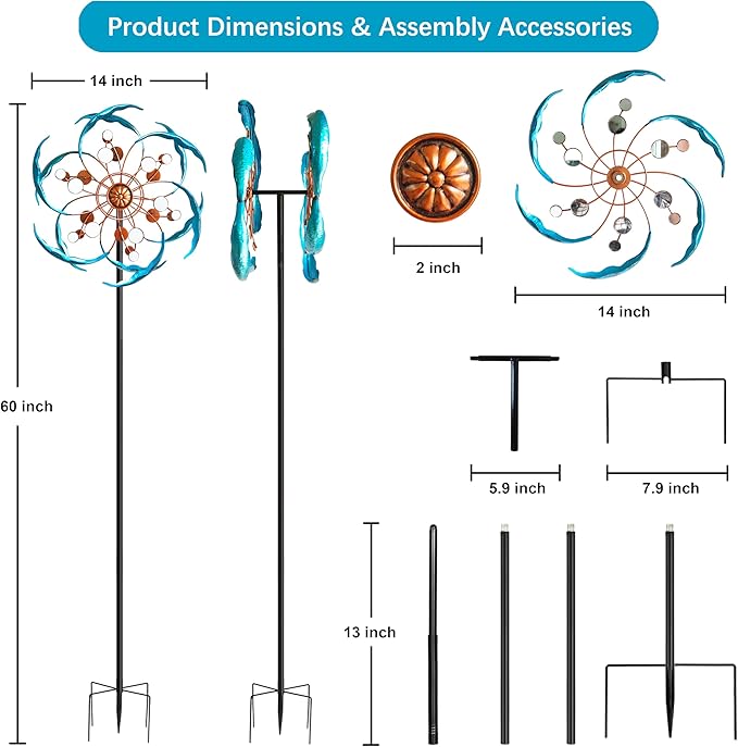 360° Outdoor Wind Spinner, Wind Sculpture Spinner with Metal Stake, Yard Art Decor for Patio, Lawn & Garden (Mirror Style)