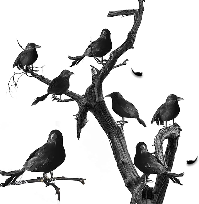 kemooie 6 Packs Real Feathered Halloween Black Crows, Handmade Realistic Crow with Real Feathers Raven Birds for Yard Tree Garden Patio Indoor Outdoor Halloween Decorations