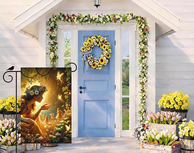 IVN Spring Fairy Garden Flag 12x18 Inch Double Sided Enchanted Forest Flag with Flower Crown Fairy and Glowing Fairies Fantasy Yard Decor for Outdoor Lawn Porch or Seasonal House Decoration