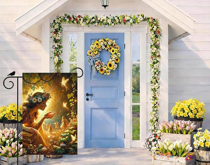 IVN Spring Fairy Garden Flag 12x18 Inch Double Sided Enchanted Forest Flag with Flower Crown Fairy and Glowing Fairies Fantasy Yard Decor for Outdoor Lawn Porch or Seasonal House Decoration