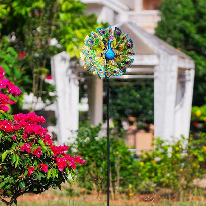 Wind Spinners Outdoor Peacock, 63 Inch Double-Sided Garden Windmill for Yard with 8 Green Feather Blades, Large Metal Garden Wind Spinner