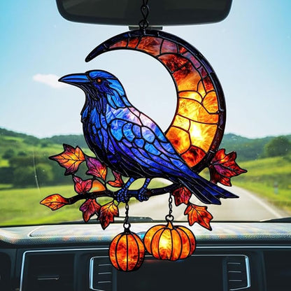 Cresent Moon Pumpkin Raven Acrylic Suncatcher Stained Glass Effect Window Car Hanging Christmas Ornament Indoor Outdoor Decor Garden Sun Catcher Panel for Gothic Lover for Women Mom Grandma