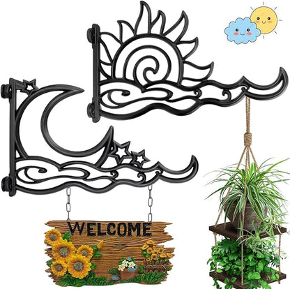 2pcs 13 Inch Heavy Duty Hanging Plant Brackets, Sun Moon Star Metal Hanging Hook Wall Art Décor Outdoor Indoor, Durable Rust-Resistant Plant Hanger Hook for Hanging Plants Birdhouse Lantern Wind Chime