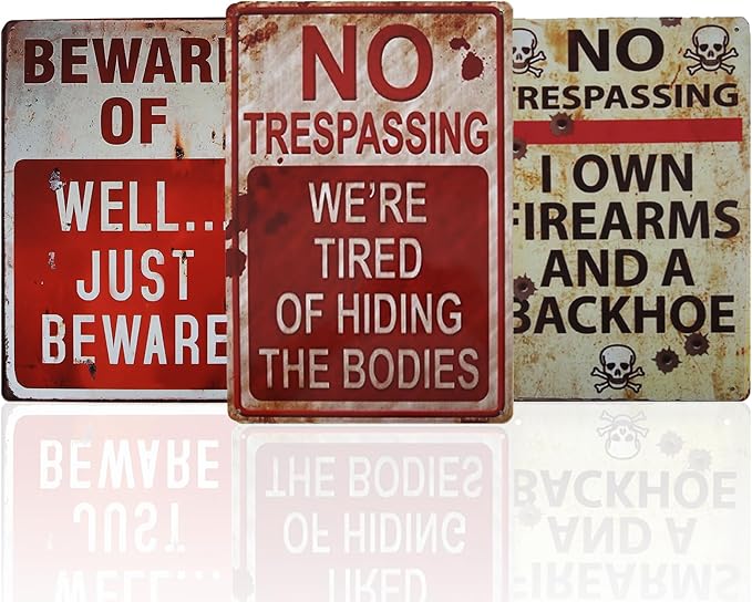 3 PCS Retro Halloween Decor Indoor&Outdoor Warning Signs No Trespassing We're Tired of Hiding The Bodies 7.9x11.8 inch Funny Metal Signs for Yard Gothic Room Wall Decorations