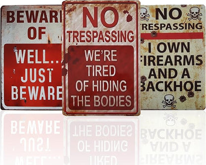 3 PCS Retro Halloween Decor Indoor&Outdoor Warning Signs No Trespassing We're Tired of Hiding The Bodies 7.9x11.8 inch Funny Metal Signs for Yard Gothic Room Wall Decorations