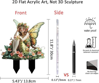 Flower Fairy Garden Stake Decor, 2D Flat Acrylic Elf Garden Sign with Stake, Fairy with Magic Sign for Indoor Outdoor Yard Lawn Balcony Pot Plants (Green Flower Fairy)